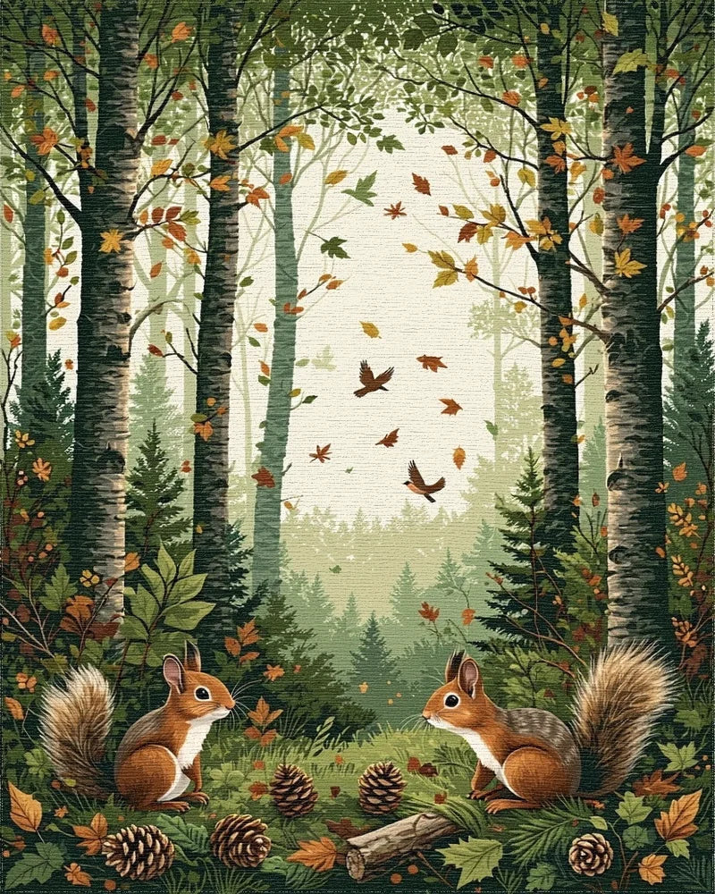 Forest Scene With Squirrels Bird Design Rug - Cutout View