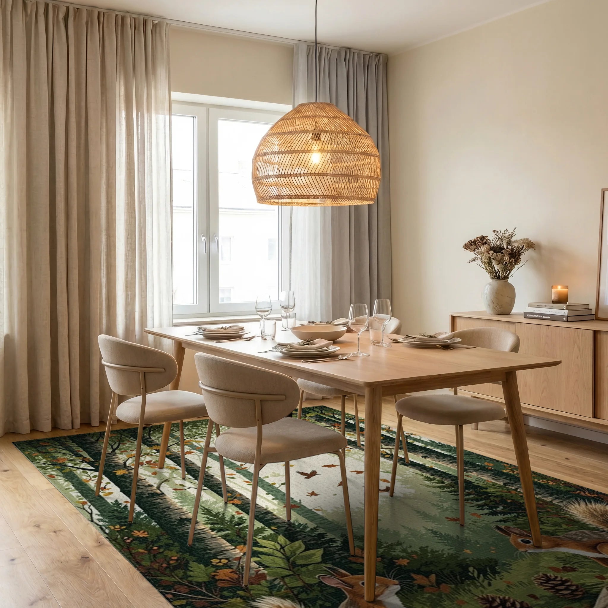 Forest Scene With Squirrels Bird Design Rug - Dining Room View