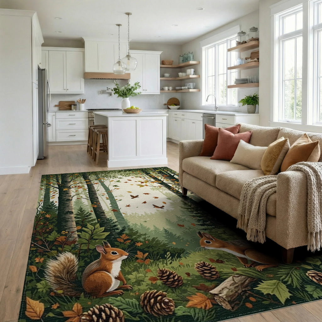 Forest Scene With Squirrels Bird Design Rug - Living Room View