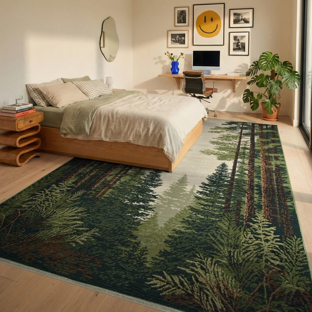 Forest Trees Woodland Scene Rug - Bedroom View