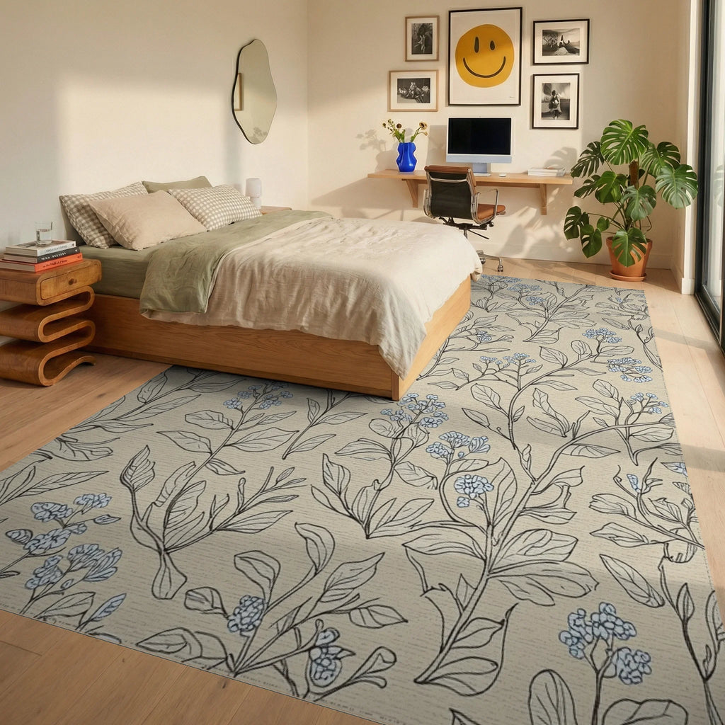 Forget Me Not Botanical Sketch Rug Bedroom View