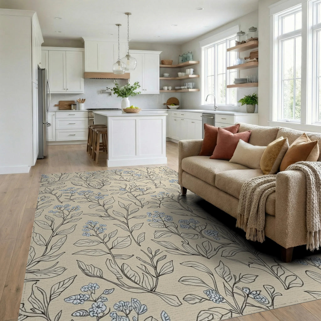 Forget Me Not Botanical Sketch Rug Living Room View