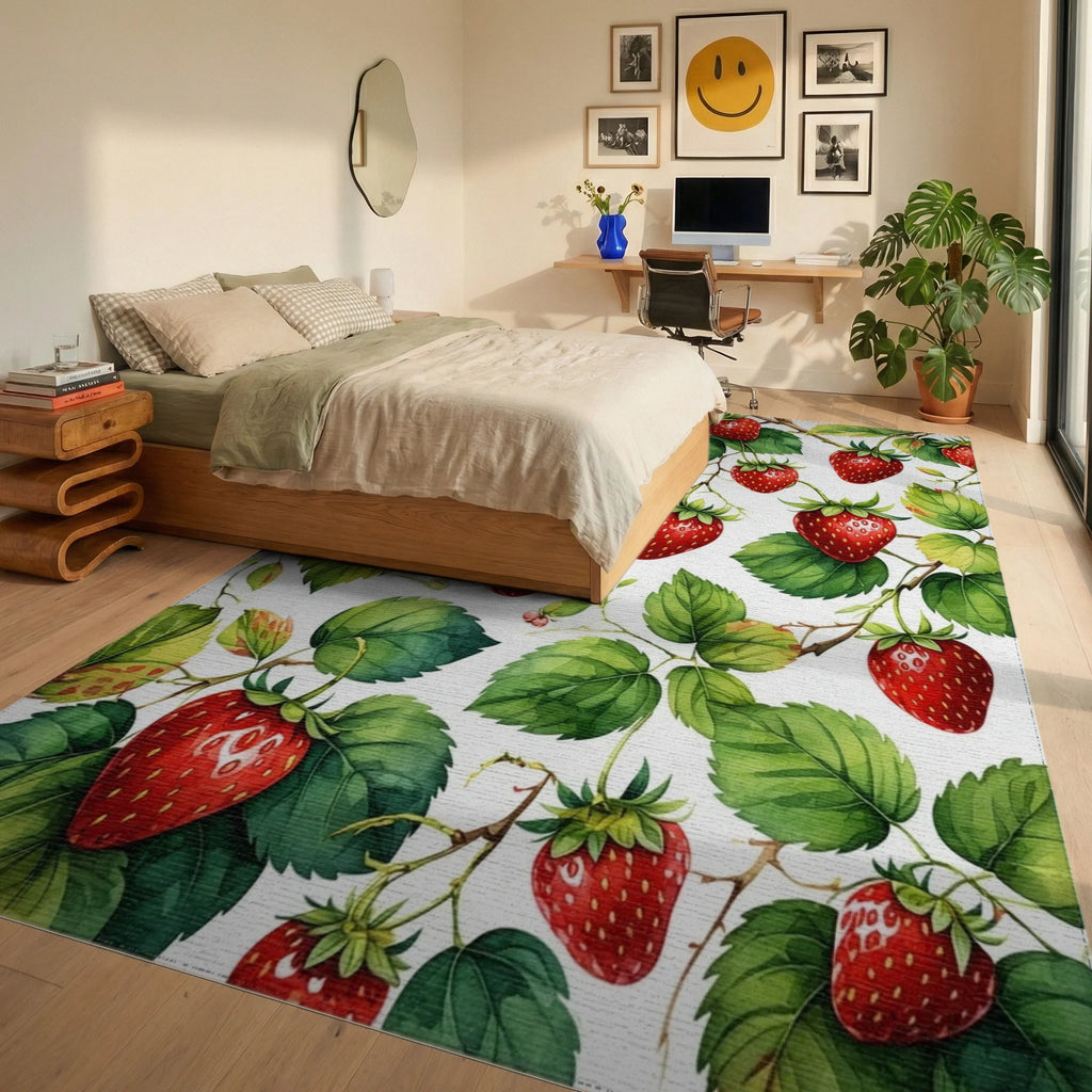 Fresh Berry Vine Watercolor Pattern Rug Bedroom View