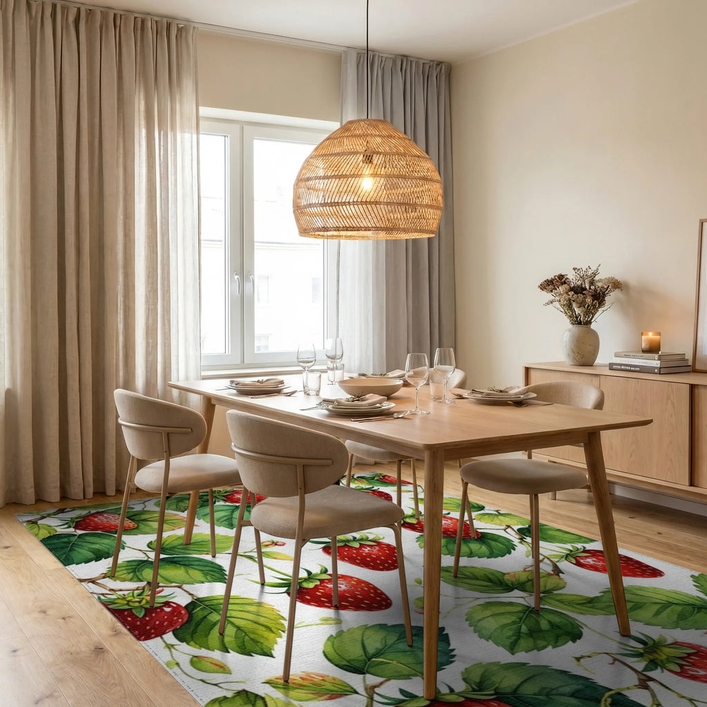 Fresh Berry Vine Watercolor Pattern Rug Dining Room View