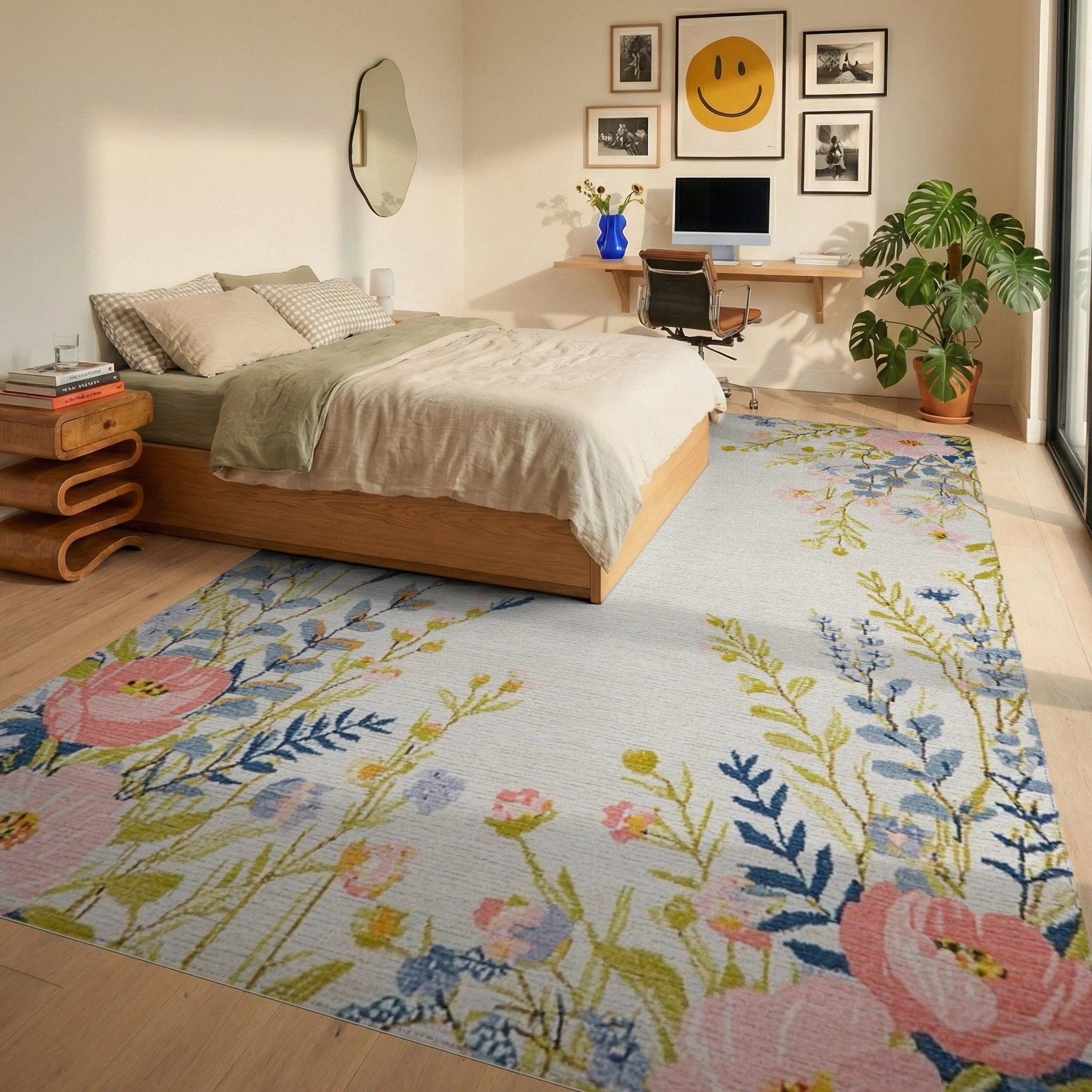Fresh Coral Pink Floral Whimsical Meadow Rug - Bedroom View
