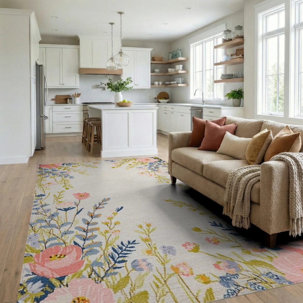 Fresh Coral Pink Floral Whimsical Meadow Rug - Living Room View
