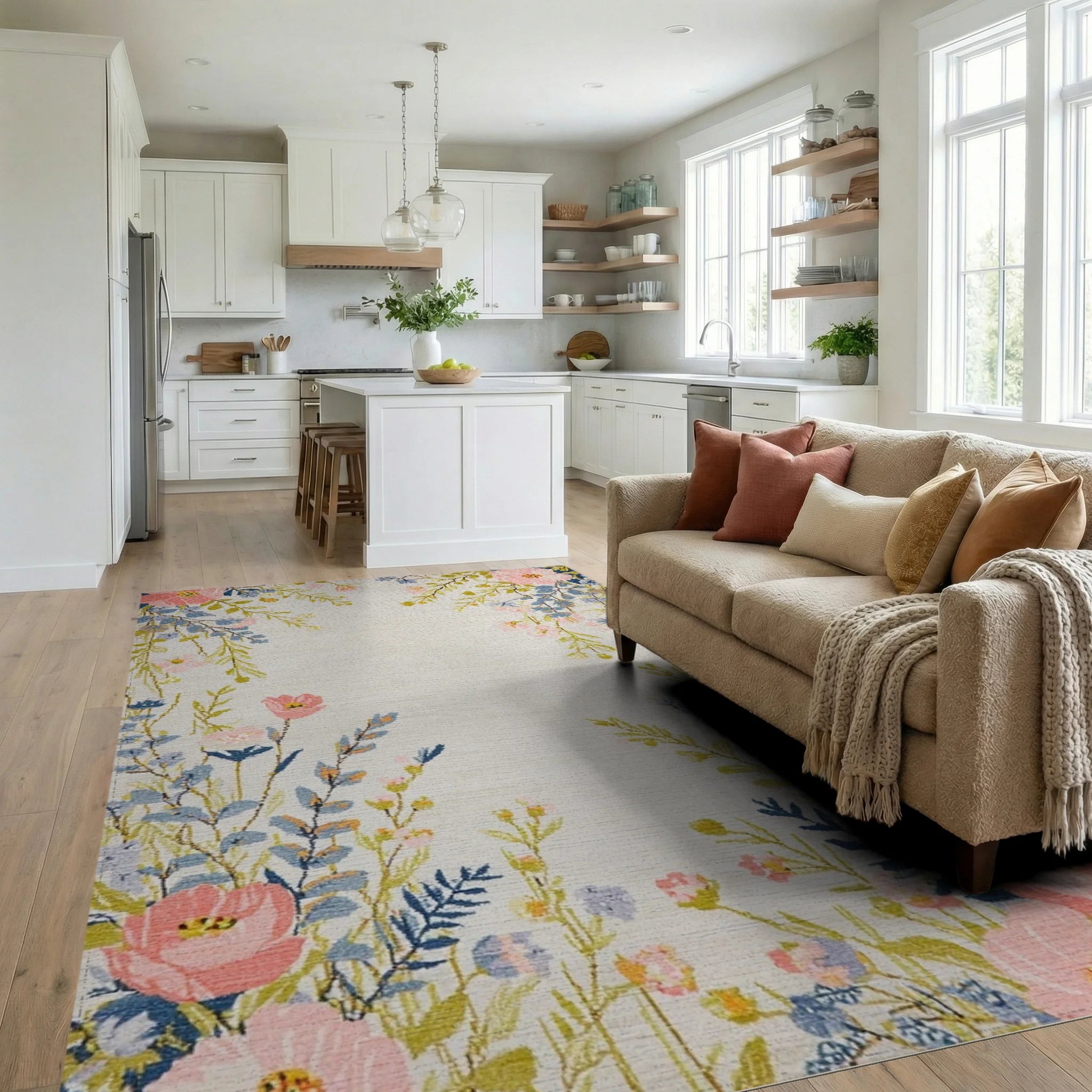 Fresh Coral Pink Floral Whimsical Meadow Rug - Living Room View