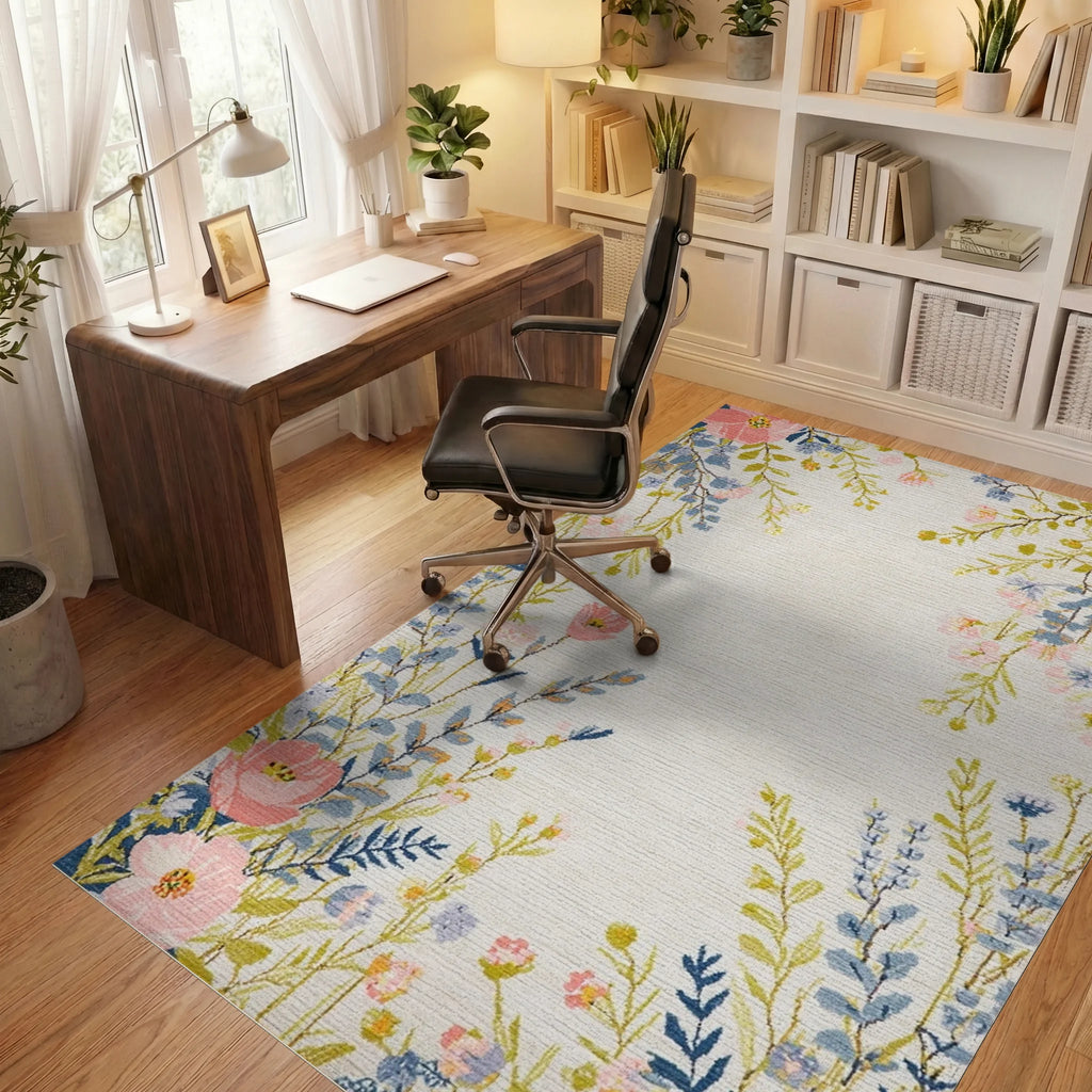 Fresh Coral Pink Floral Whimsical Meadow Rug - Office View
