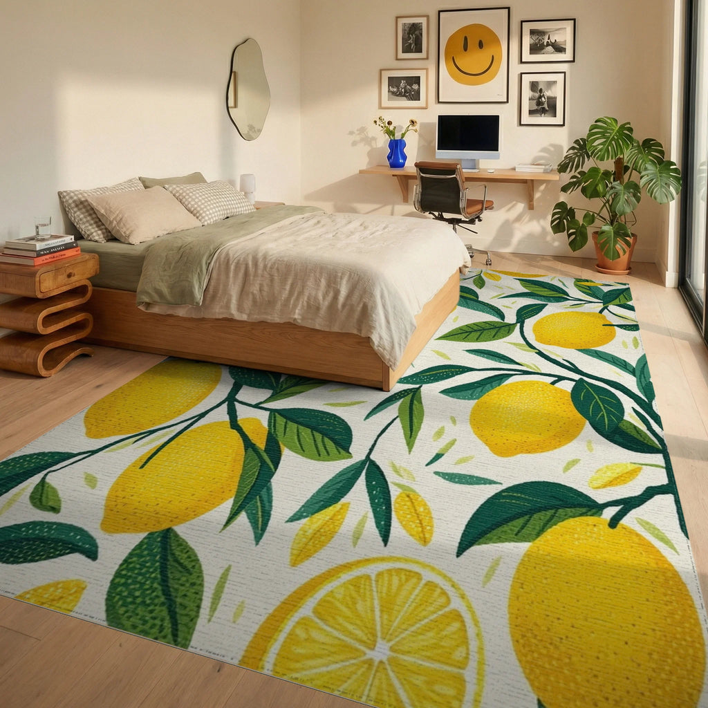 Fresh Lemon Branch Pattern Rug Bedroom View