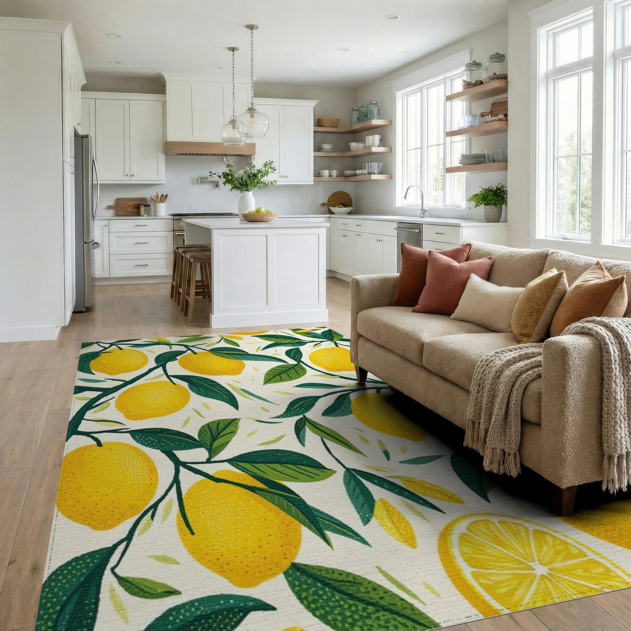 Fresh Lemon Branch Pattern Rug Living Room View