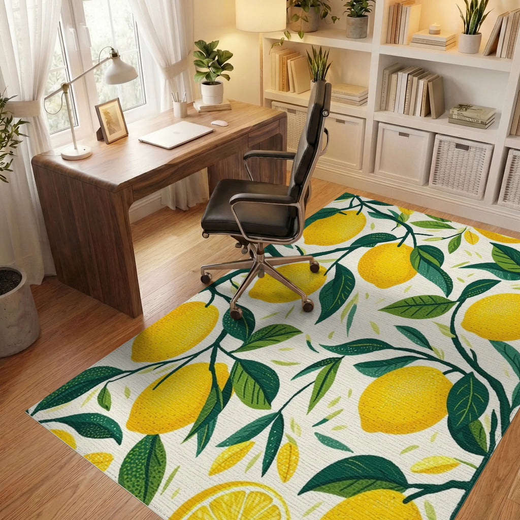 Fresh Lemon Branch Pattern Rug Office View