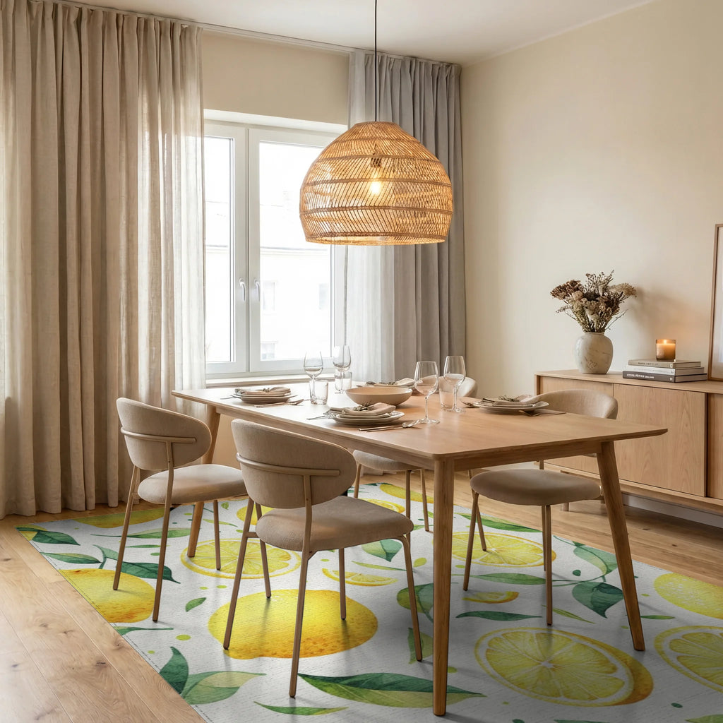 Fresh Lemons Leaf Pattern Design Rug Dining Room View