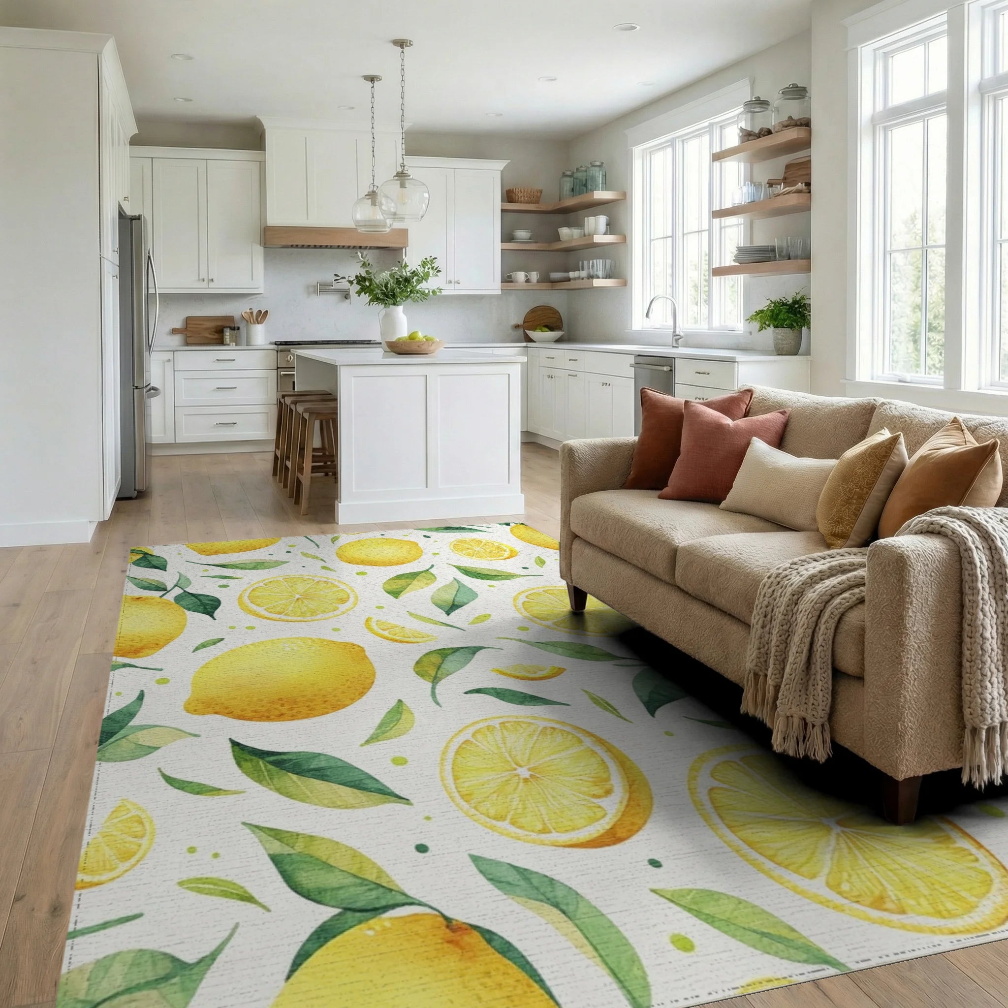Fresh Lemons Leaf Pattern Design Rug Living Room View
