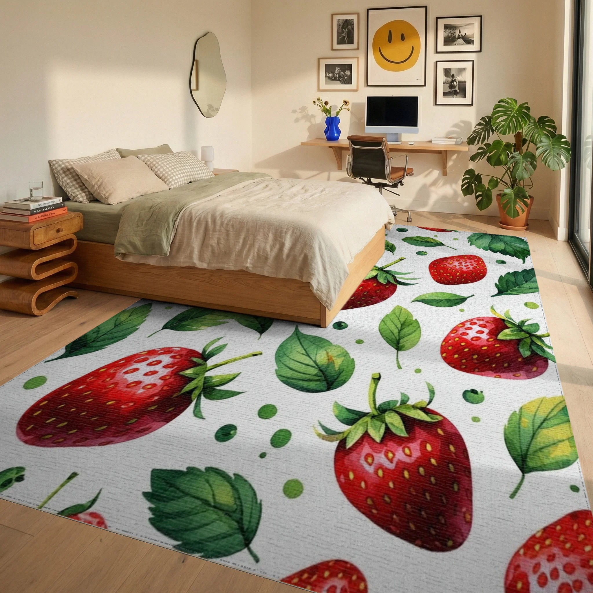 Fresh Strawberry Botanical Pattern Rug Bedroom View