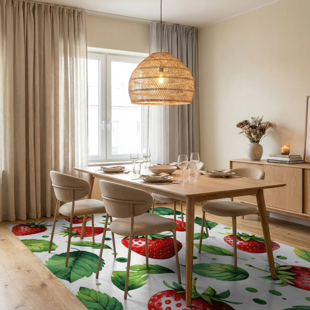 Fresh Strawberry Botanical Pattern Rug Dining Room View