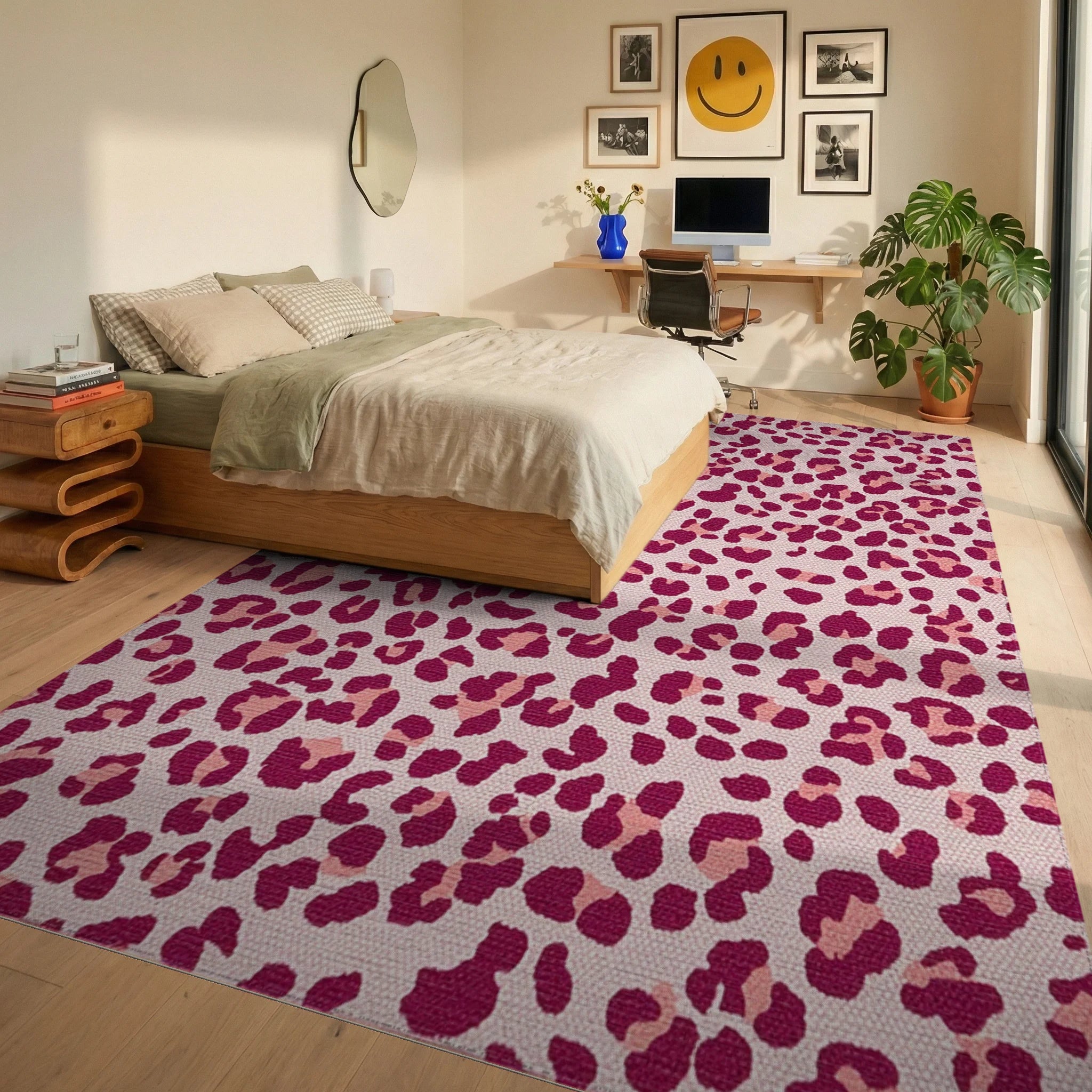 Fuchsia Leopard Spot Texture Accents Rug - Bedroom View