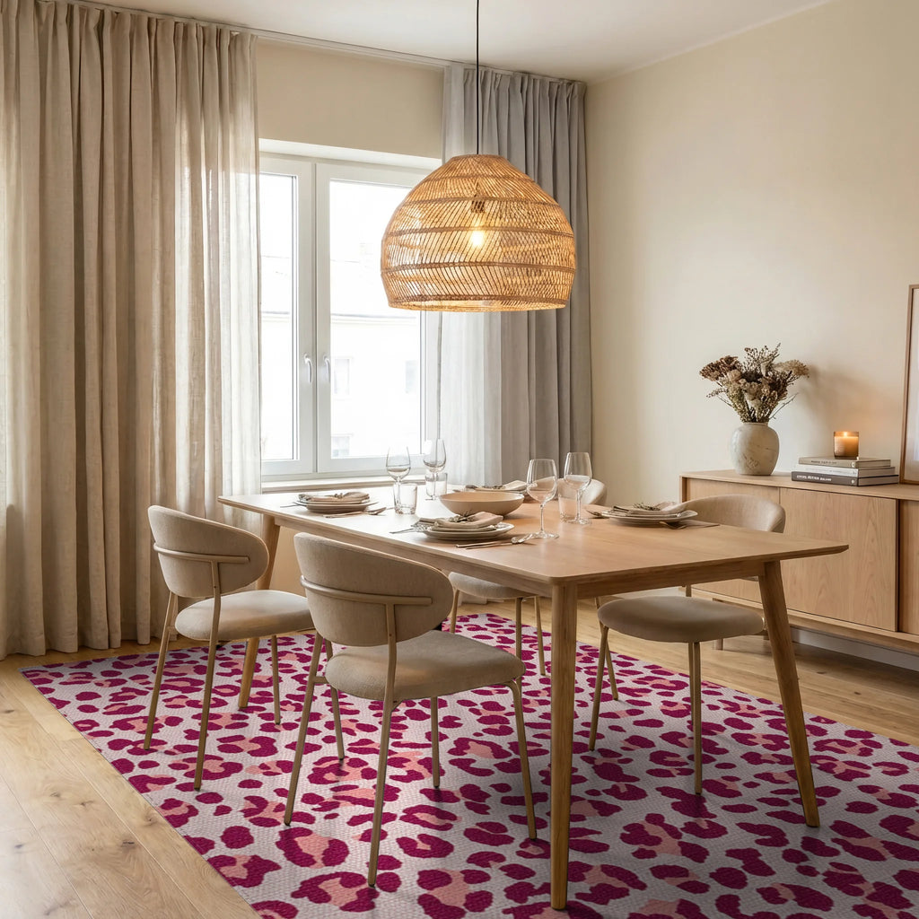 Fuchsia Leopard Spot Texture Accents Rug - Dining Room View