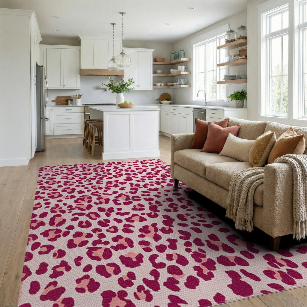Fuchsia Leopard Spot Texture Accents Rug - Living Room View