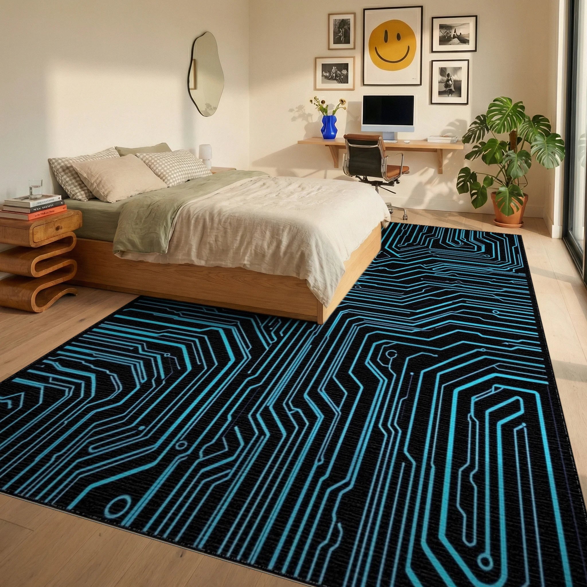 Futuristic Circuit Board Abstract Pattern Rug - Bedroom View