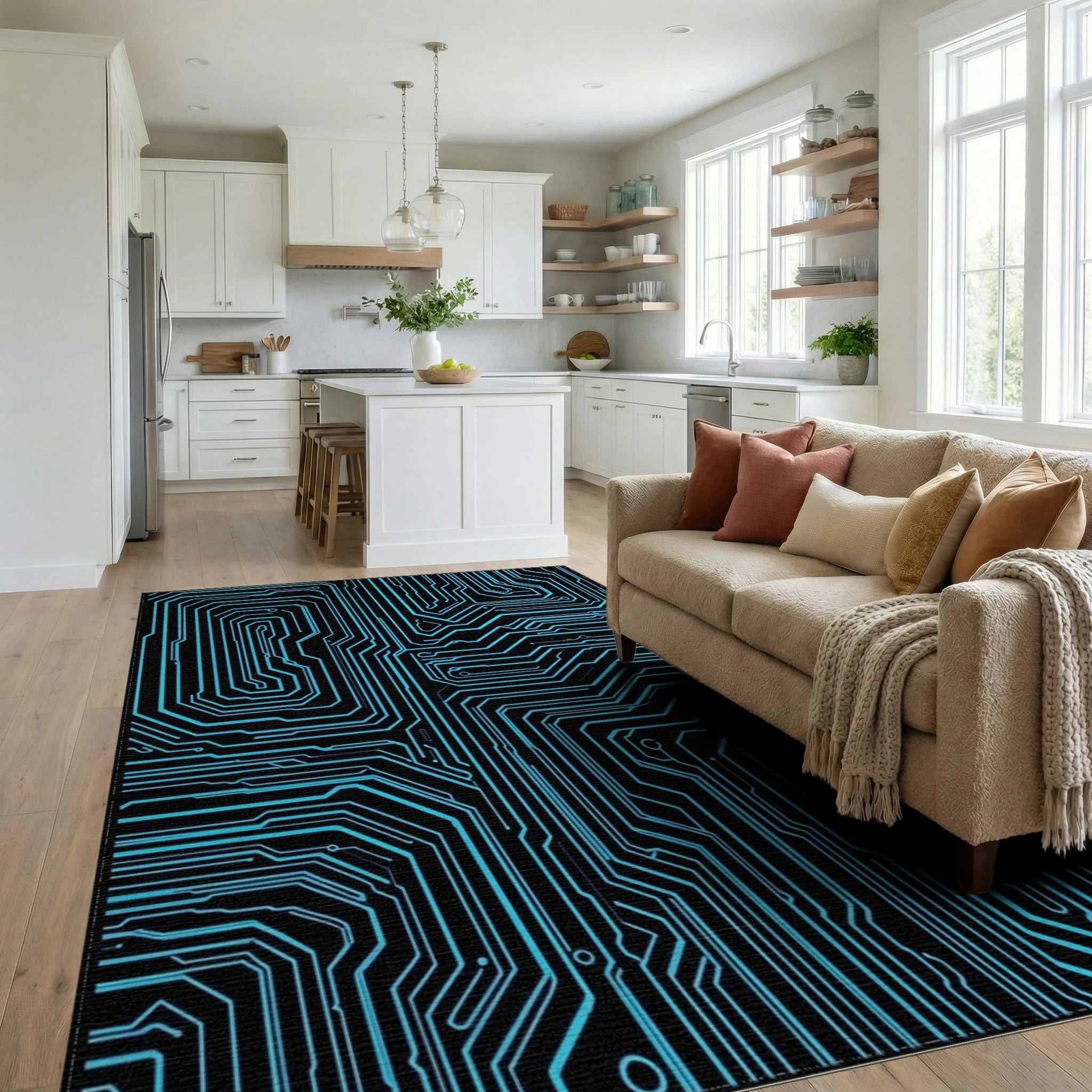 Futuristic Circuit Board Abstract Pattern Rug - Living Room View
