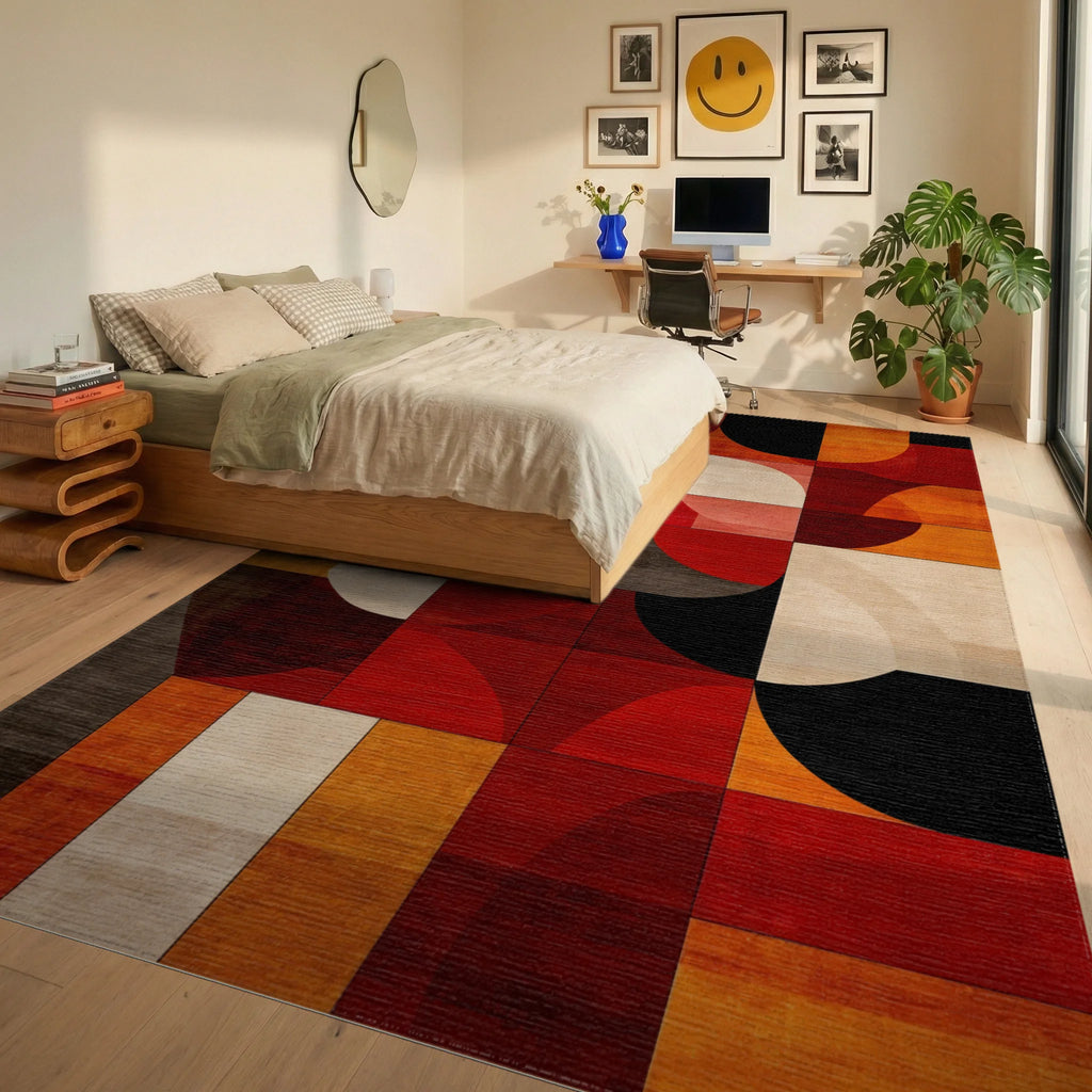 Geometric Abstract Warm Tones Rug - Bedroom View