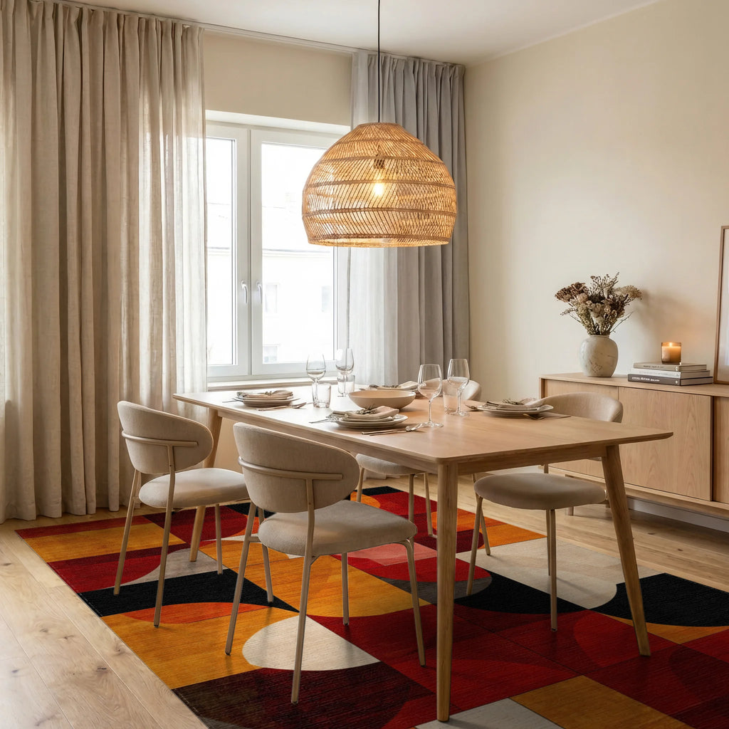 Geometric Abstract Warm Tones Rug - Dining Room View