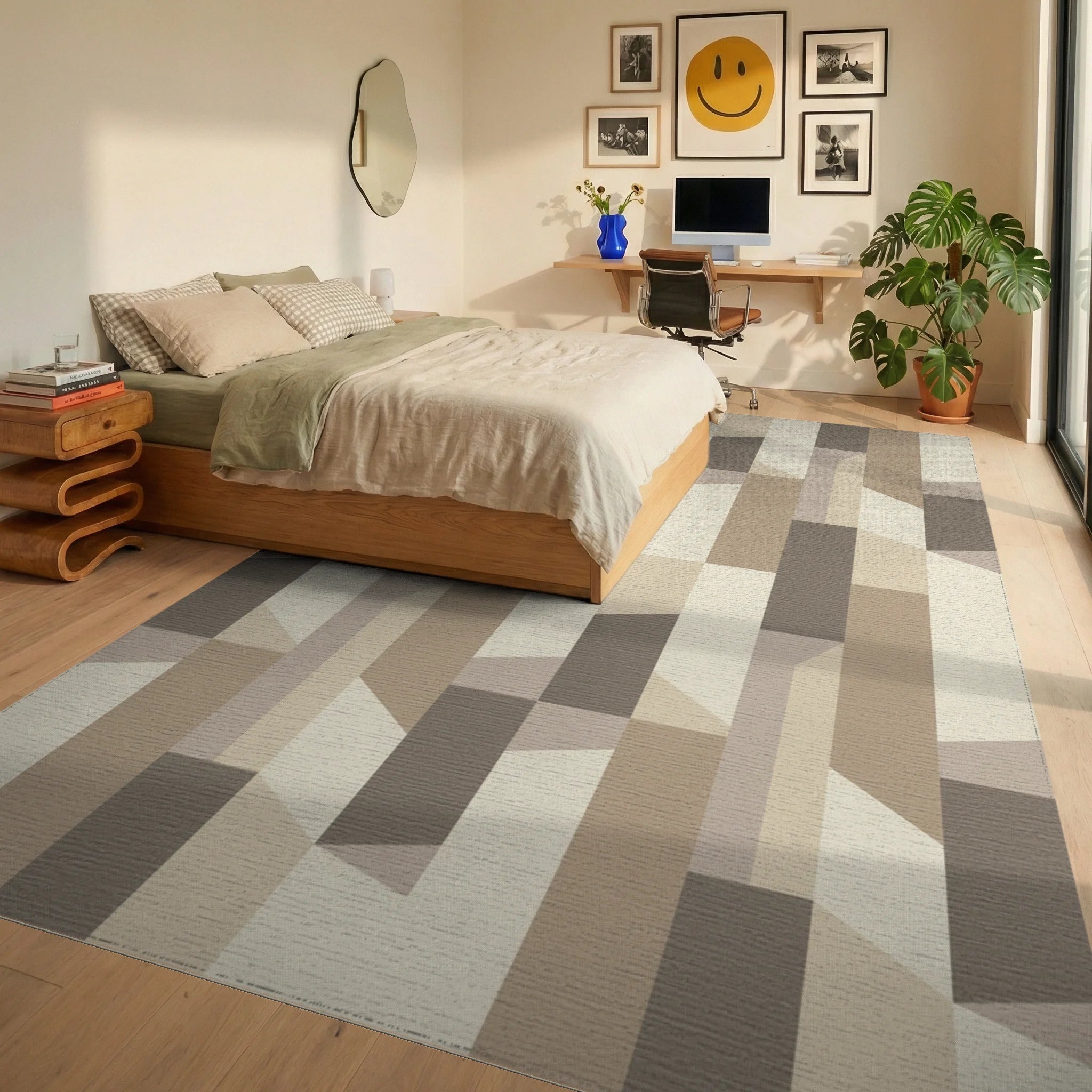 Geometric Beige Wood Block Facade Rug Bedroom View