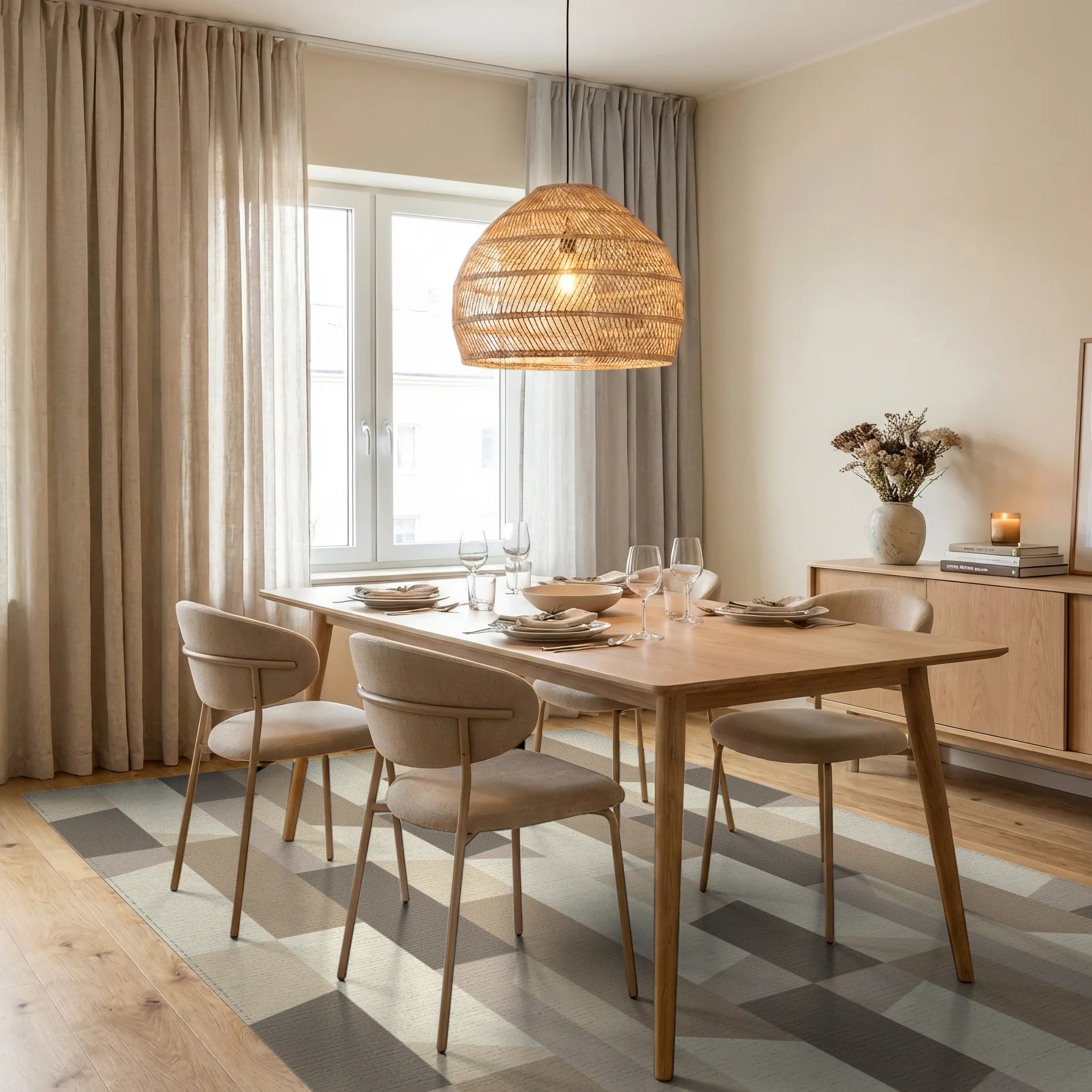 Geometric Beige Wood Block Facade Rug Dining Room View