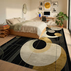 Geometric Black Gold Circles Rug - Bedroom View