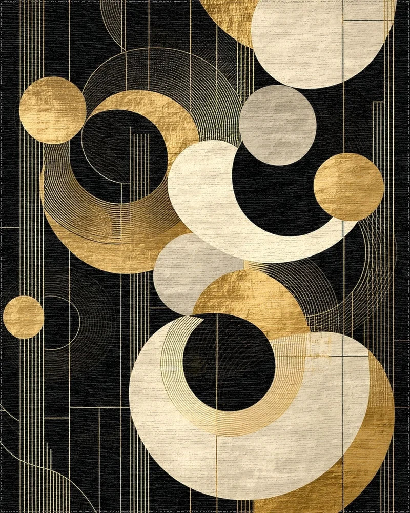 Geometric Black Gold Circles Rug - Cutout View