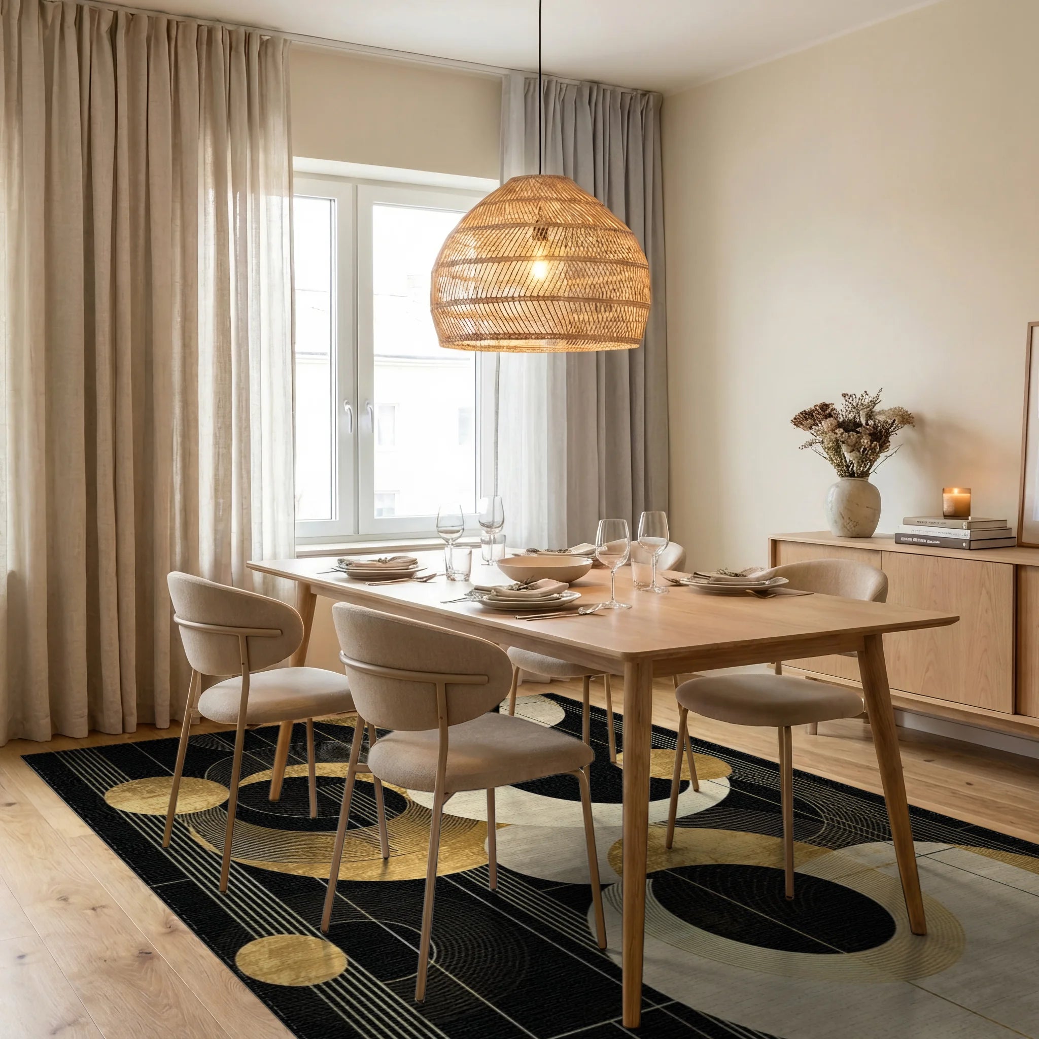 Geometric Black Gold Circles Rug - Dining Room View