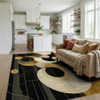 Geometric Black Gold Circles Rug - Living Room View