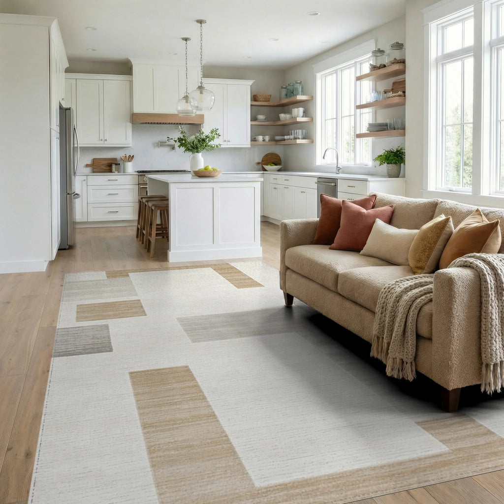 Geometric Blocks Neutral Palette Rug - Living Room View