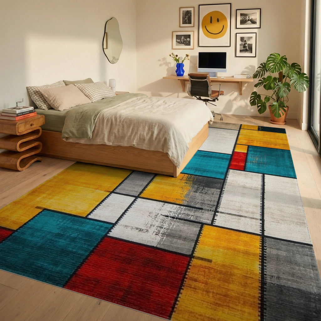 Geometric Color Block Abstract Rug - Bedroom View