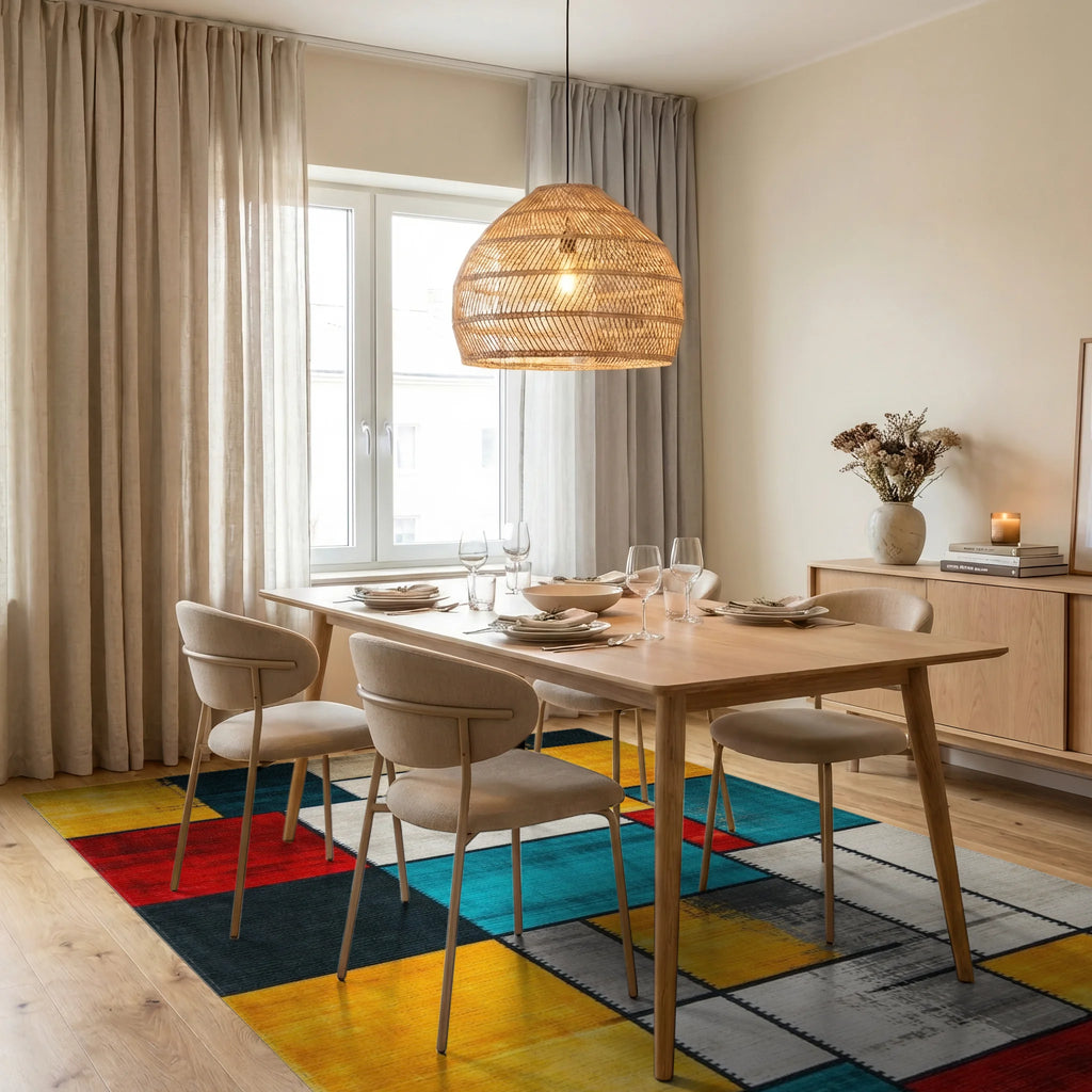 Geometric Color Block Abstract Rug - Dining Room View