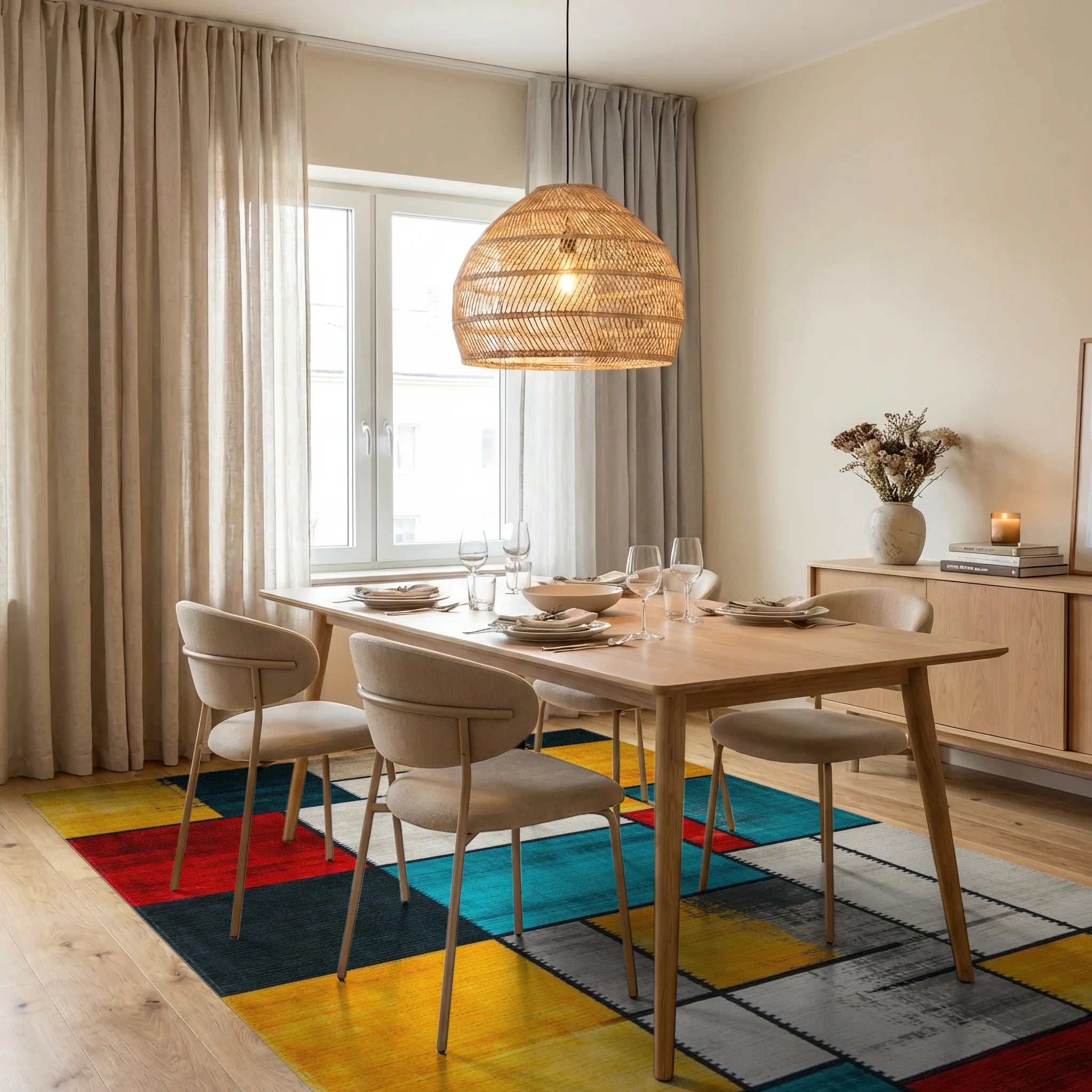Geometric Color Block Abstract Rug - Dining Room View