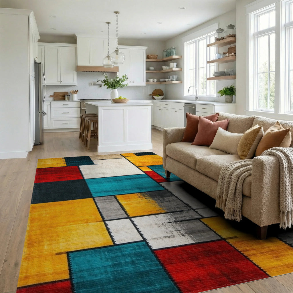 Geometric Color Block Abstract Rug - Living Room View