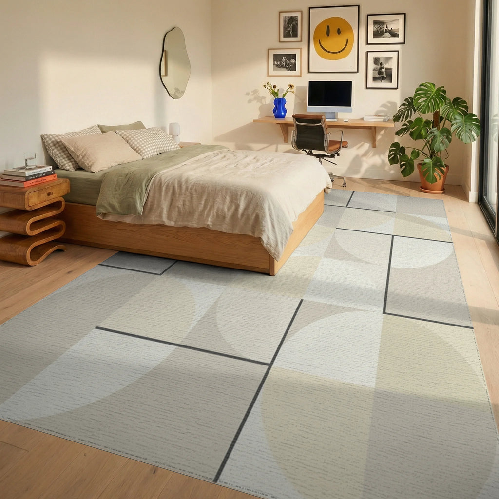 Geometric Cream and Tan Circles Rug Bedroom View