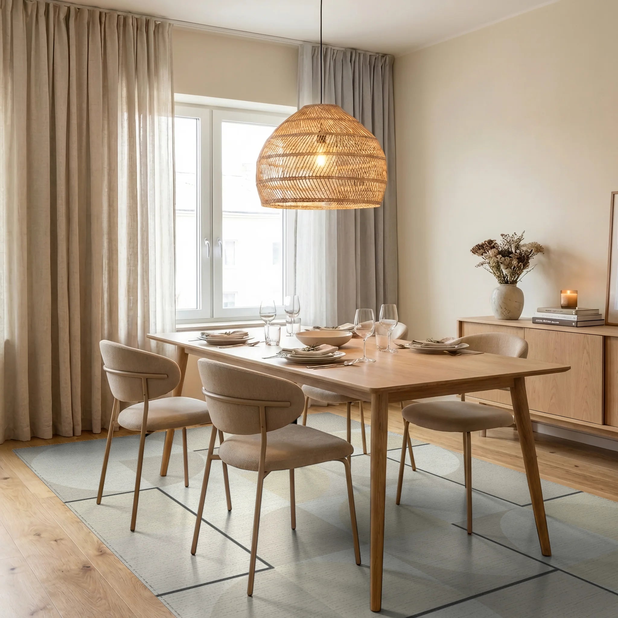 Geometric Cream and Tan Circles Rug Dining Room View