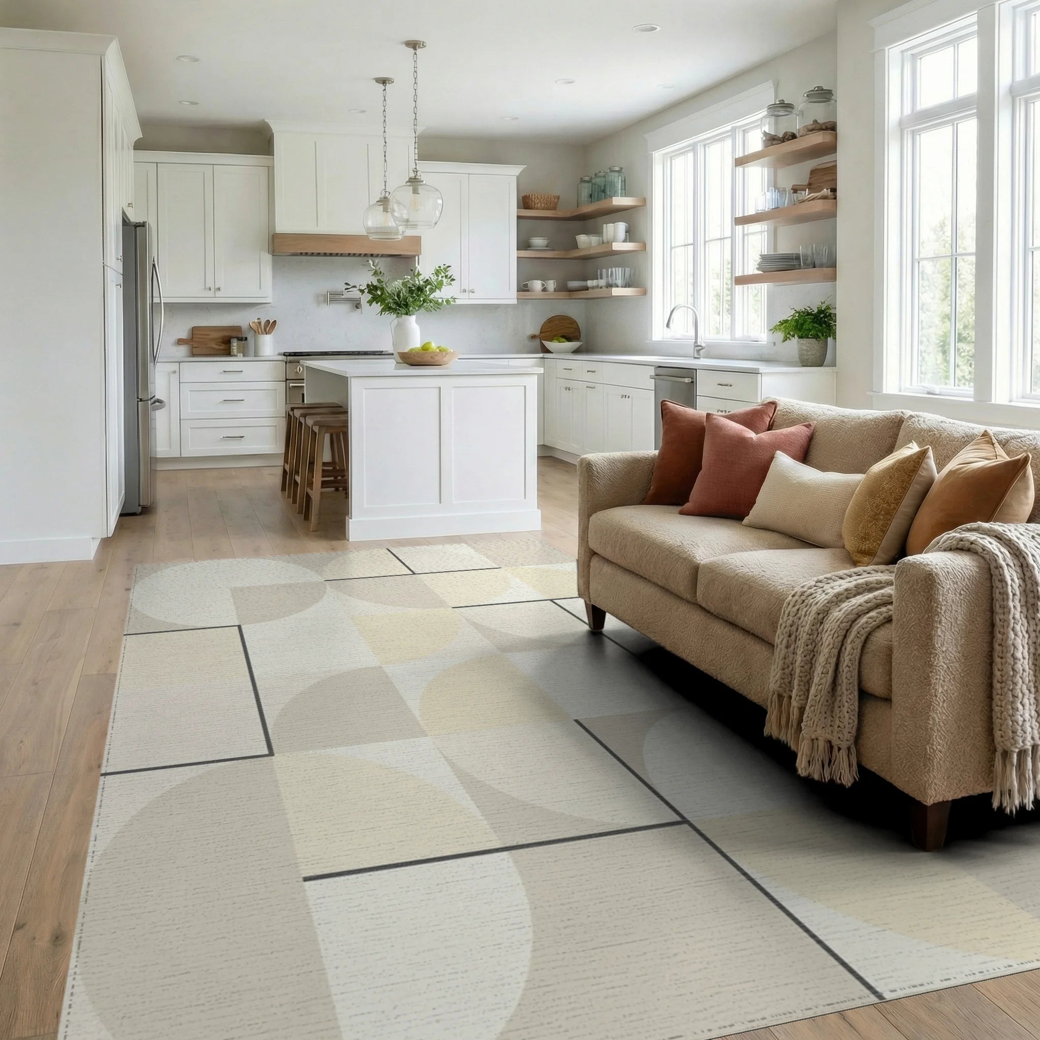 Geometric Cream and Tan Circles Rug Living Room View