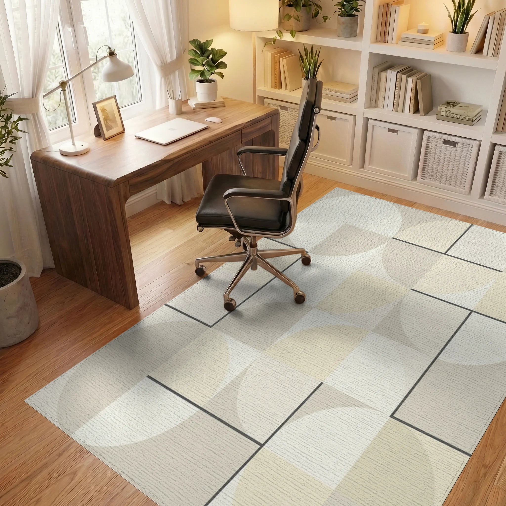 Geometric Cream and Tan Circles Rug Office View