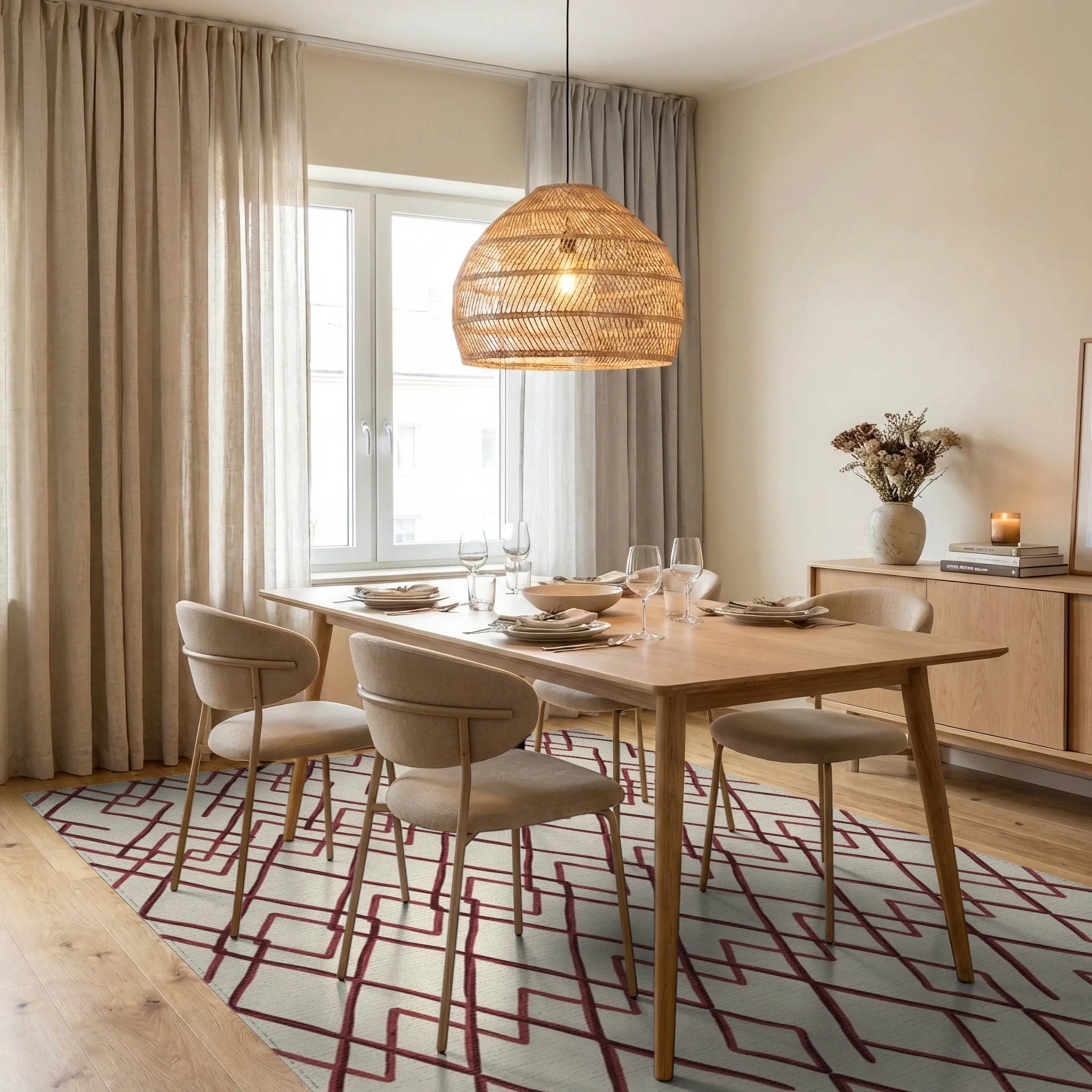 Geometric Crimson Diamond Repeat Rug Dining Room View