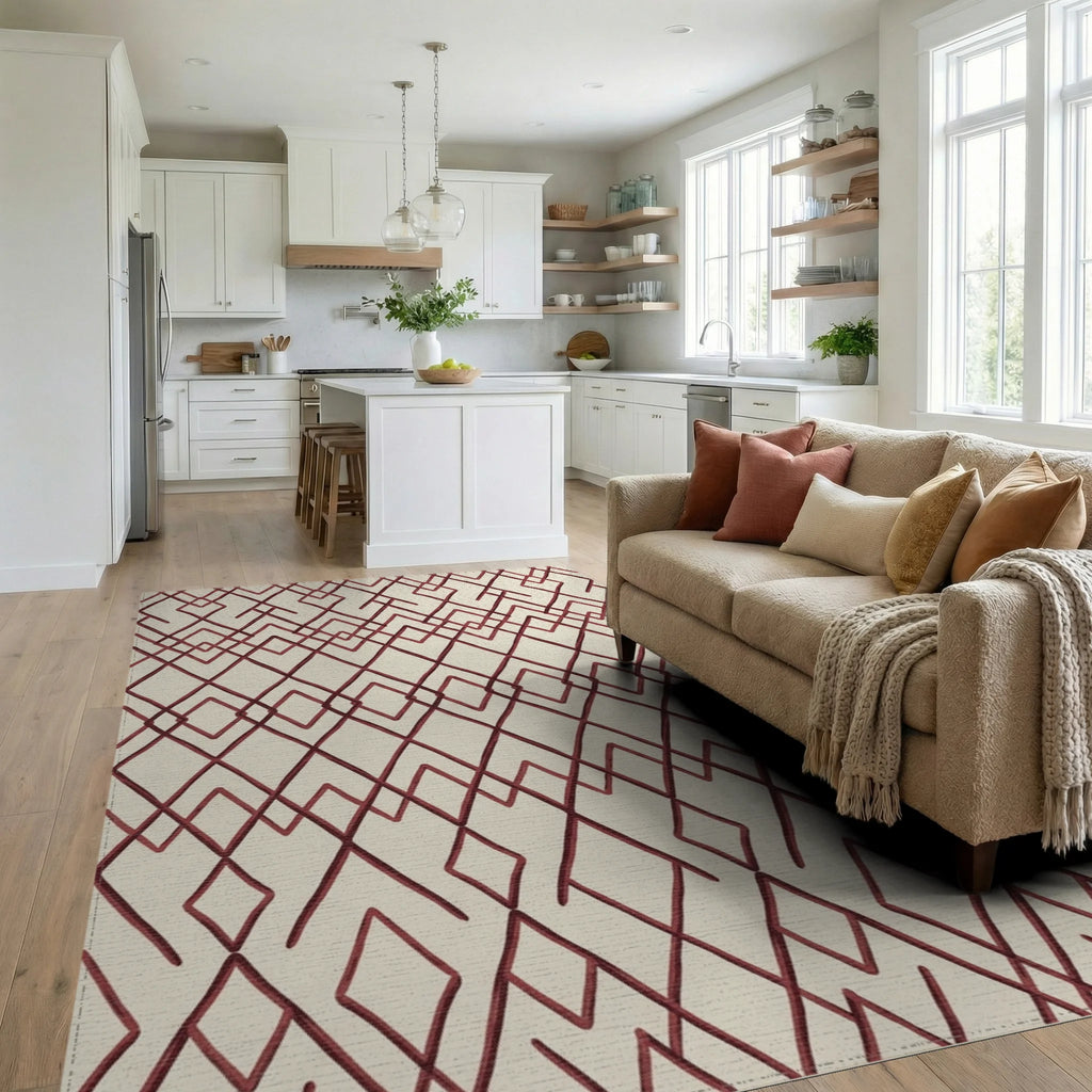 Geometric Crimson Diamond Repeat Rug Living Room View