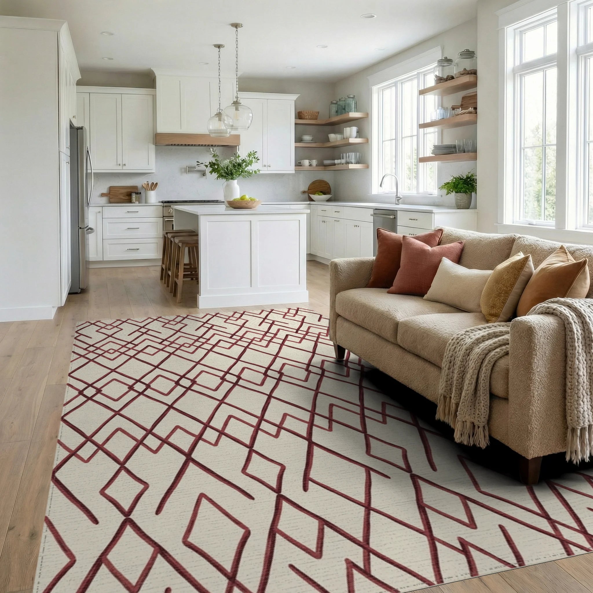 Geometric Crimson Diamond Repeat Rug Living Room View