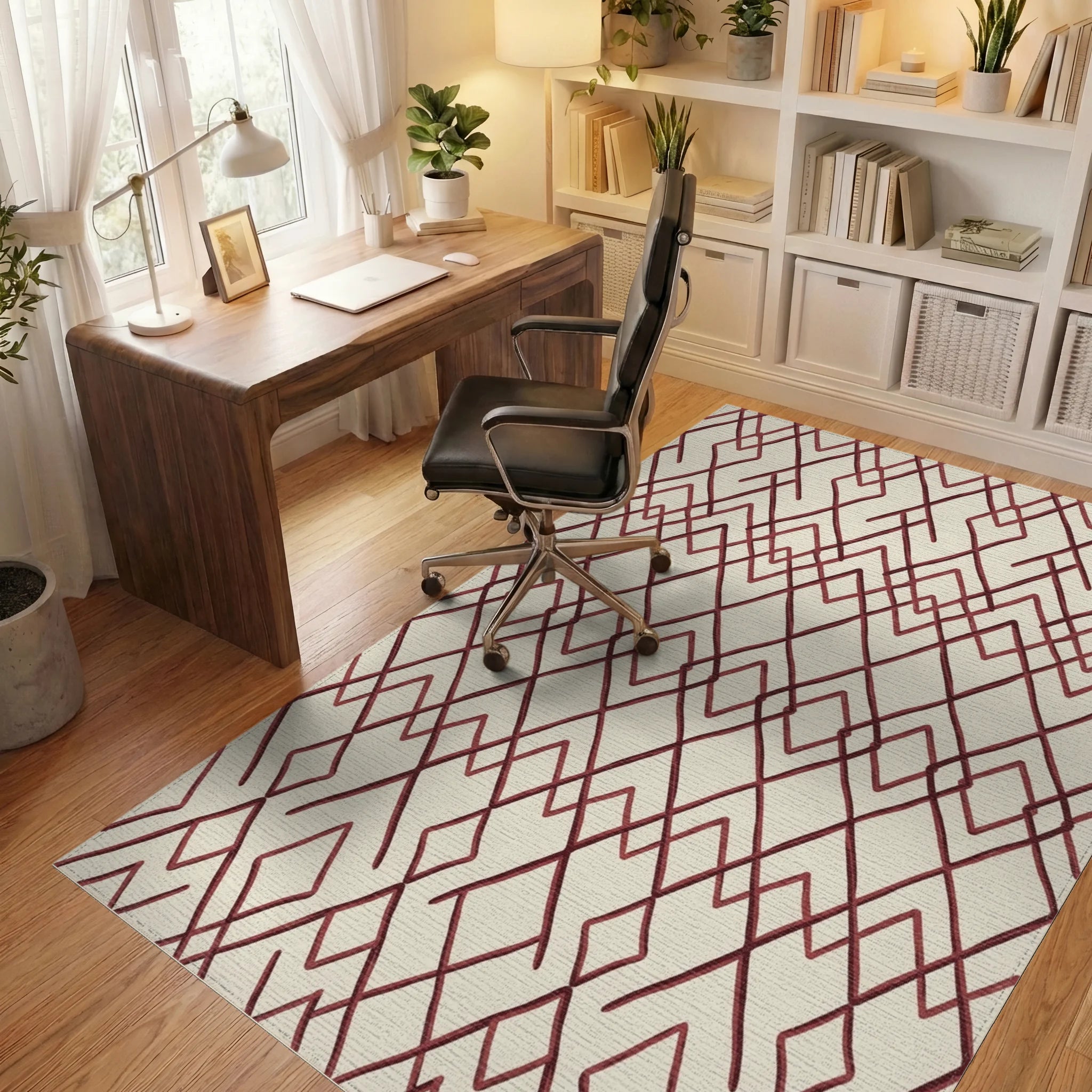 Geometric Crimson Diamond Repeat Rug Office View