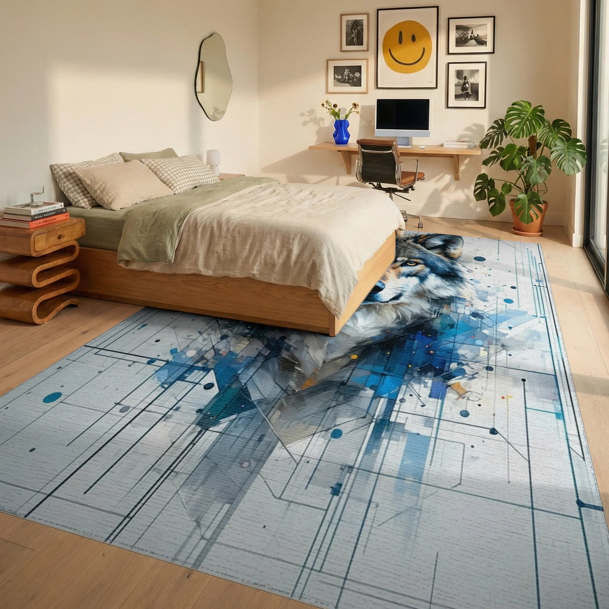 Geometric Cyber Wolf Portrait Rug - Bedroom View