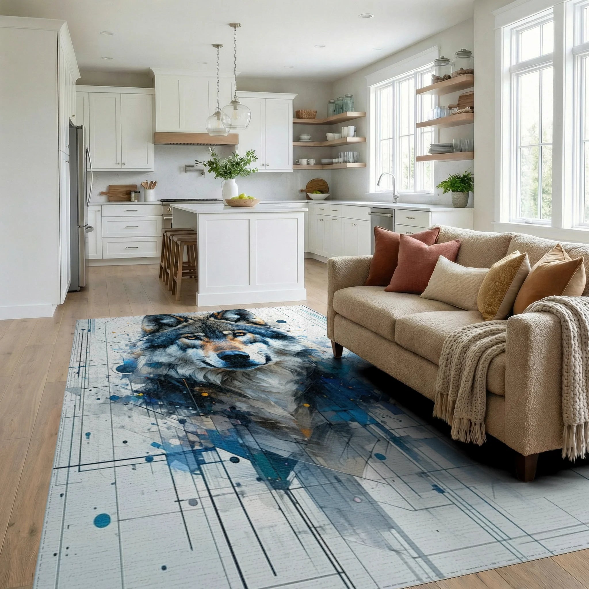 Geometric Cyber Wolf Portrait Rug - Living Room View