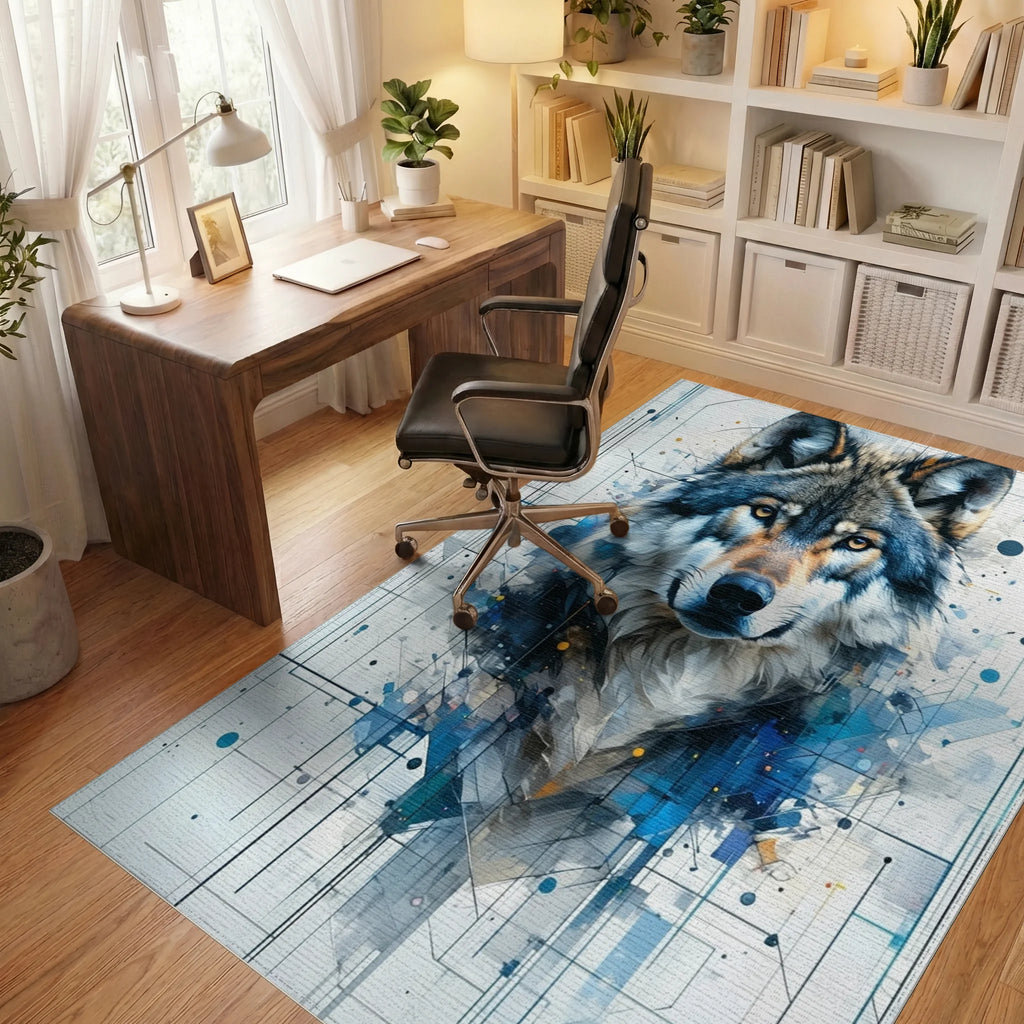 Geometric Cyber Wolf Portrait Rug - Office View