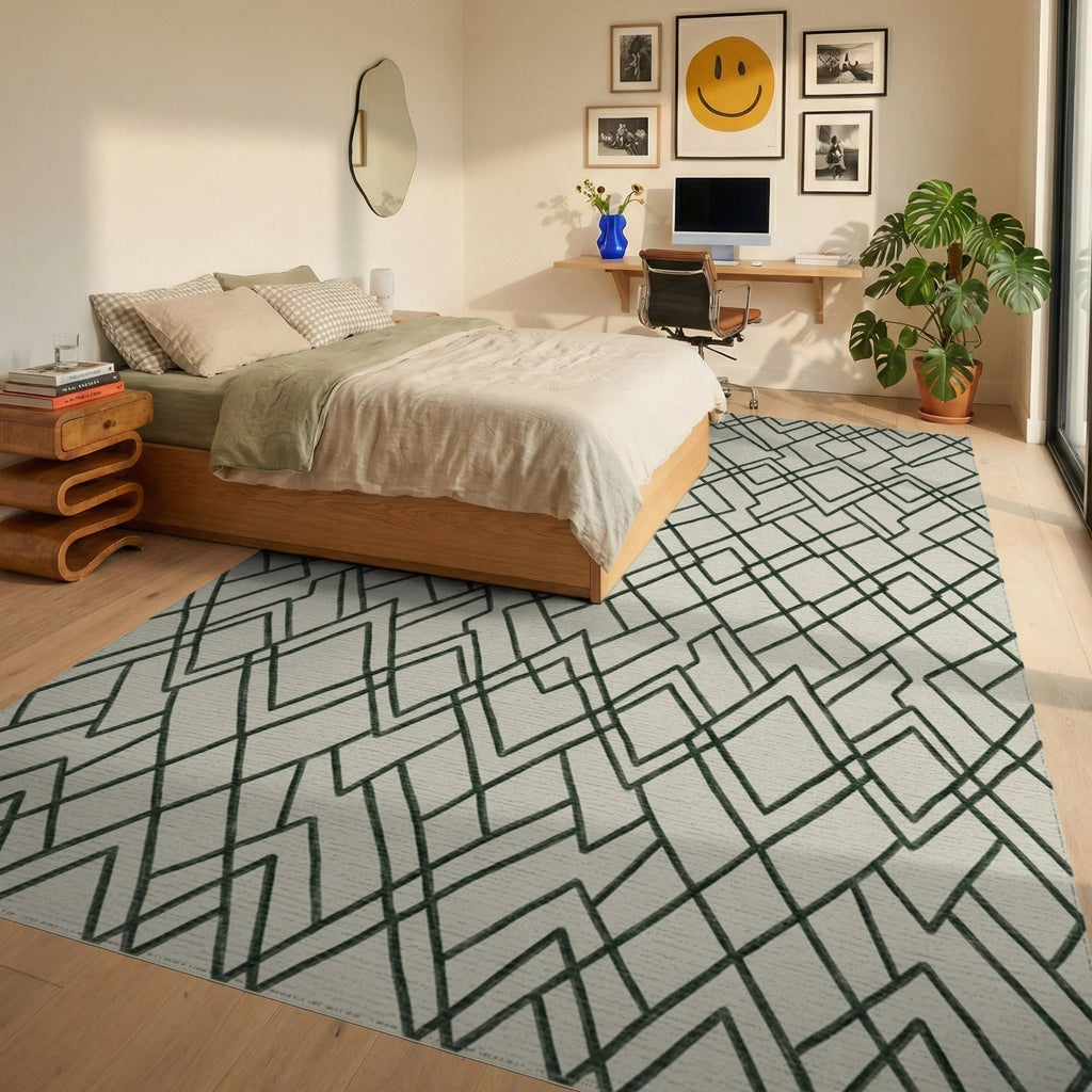 Geometric Diamond Lattice Rug Bedroom View