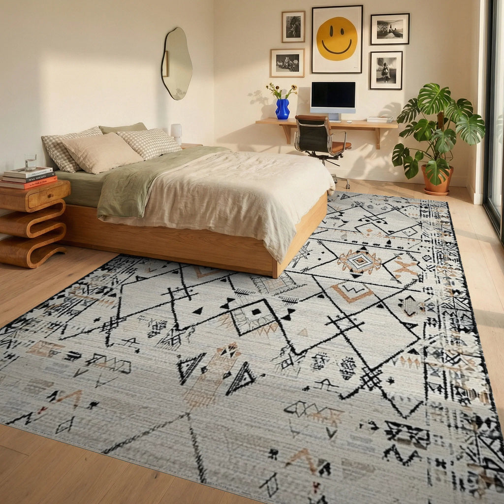 Geometric Diamond Tribal Neutral Rug - Bedroom View